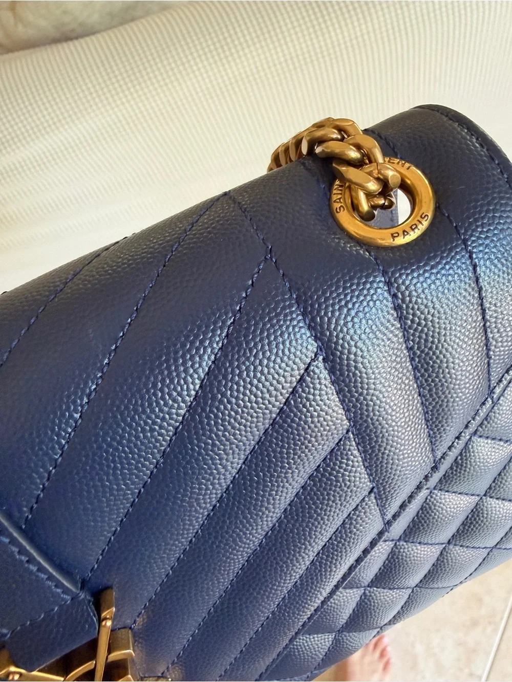 Saint Laurent Quilted Navy Leather Shoulder Bag with Gold YSL Chain